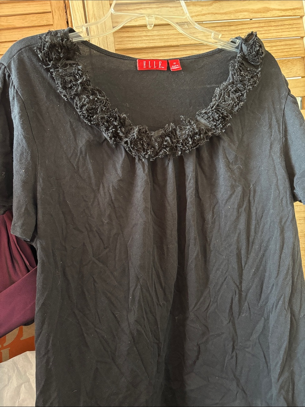 ELLE Black Short Sleeve Scoop Neck Top with Rosette Trim 1X